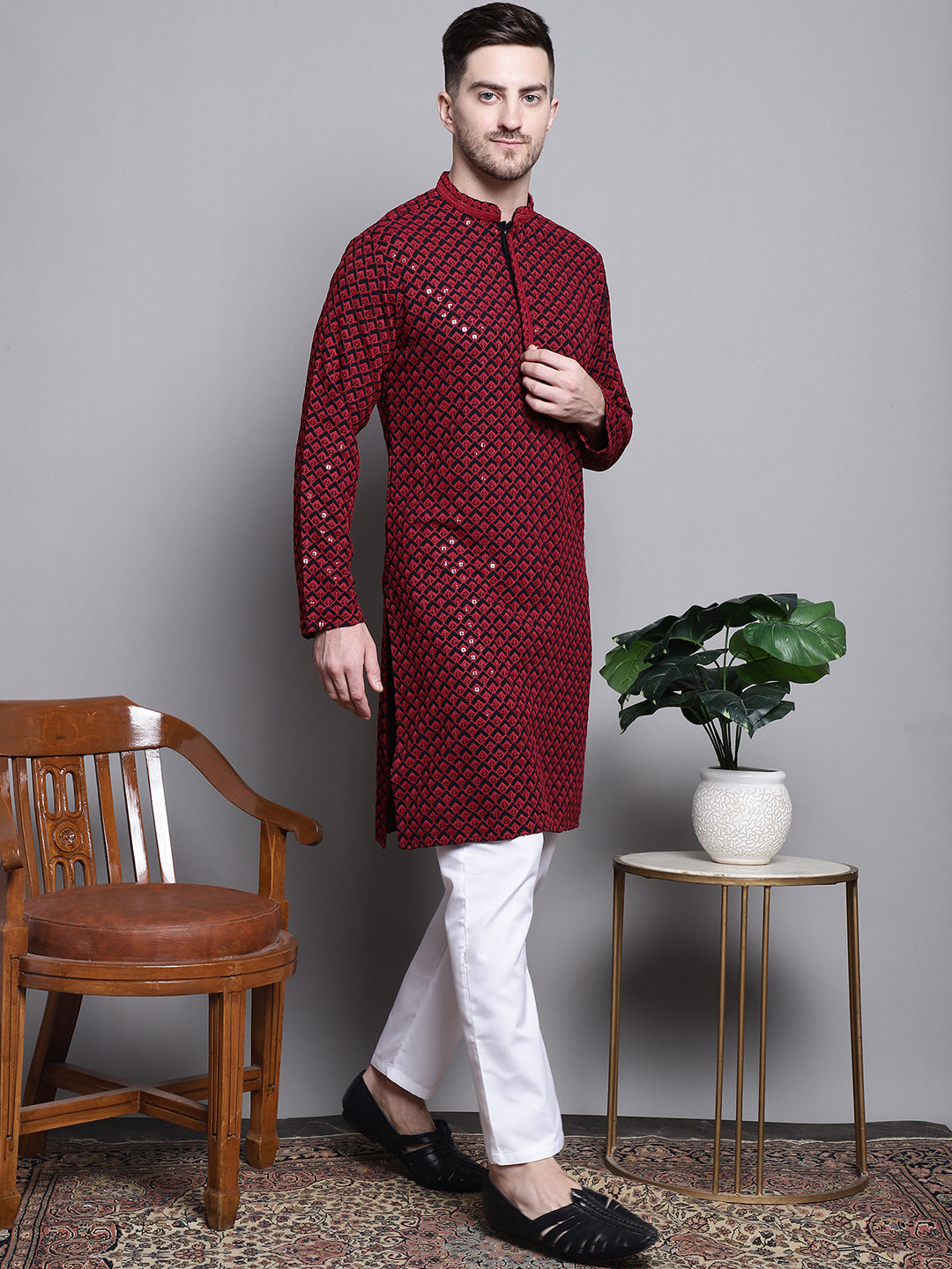 Jompers Men's Sequin Embroidered Pure Cotton Kurta with Pyjamas - Red | Grocsy