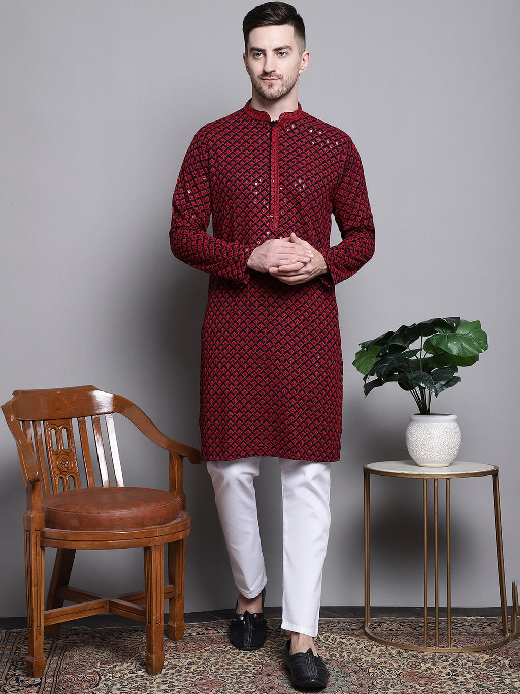 Jompers Men's Sequin Embroidered Pure Cotton Kurta with Pyjamas - Red | Grocsy