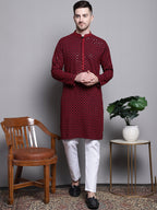 Jompers Men's Sequin Embroidered Pure Cotton Kurta with Pyjamas - Red | Grocsy