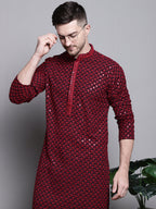Jompers Men's Sequin Embroidered Pure Cotton Kurta with Pyjamas - Red | Grocsy
