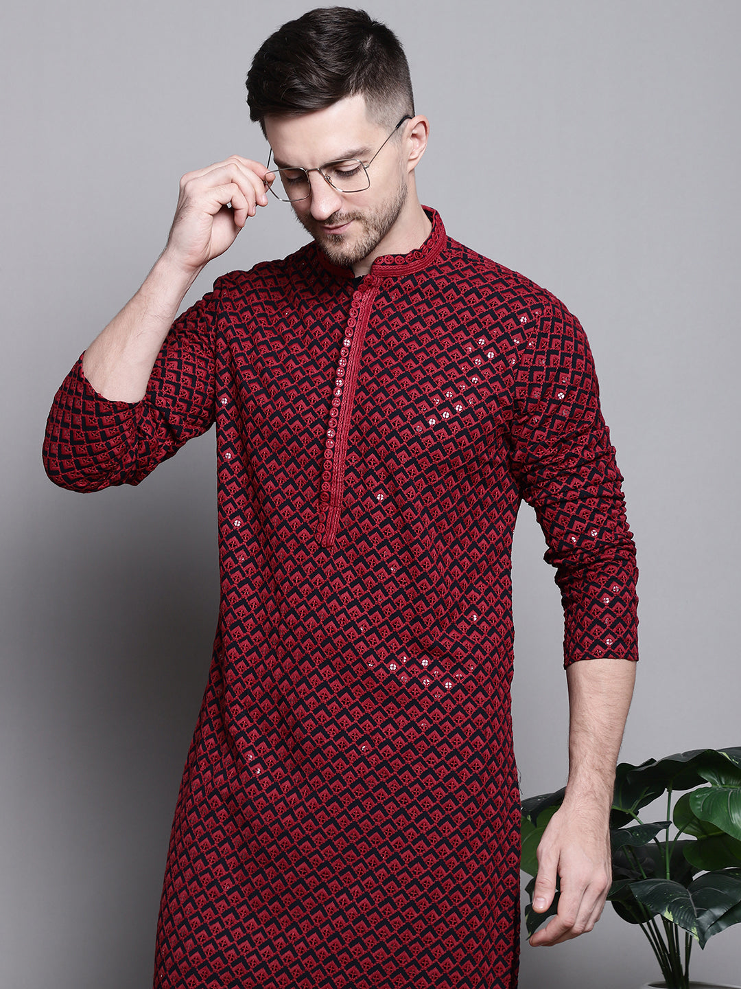 Jompers Men's Sequin Embroidered Pure Cotton Kurta with Pyjamas - Red | Grocsy