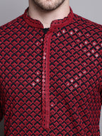 Jompers Men's Sequin Embroidered Pure Cotton Kurta with Pyjamas - Red | Grocsy