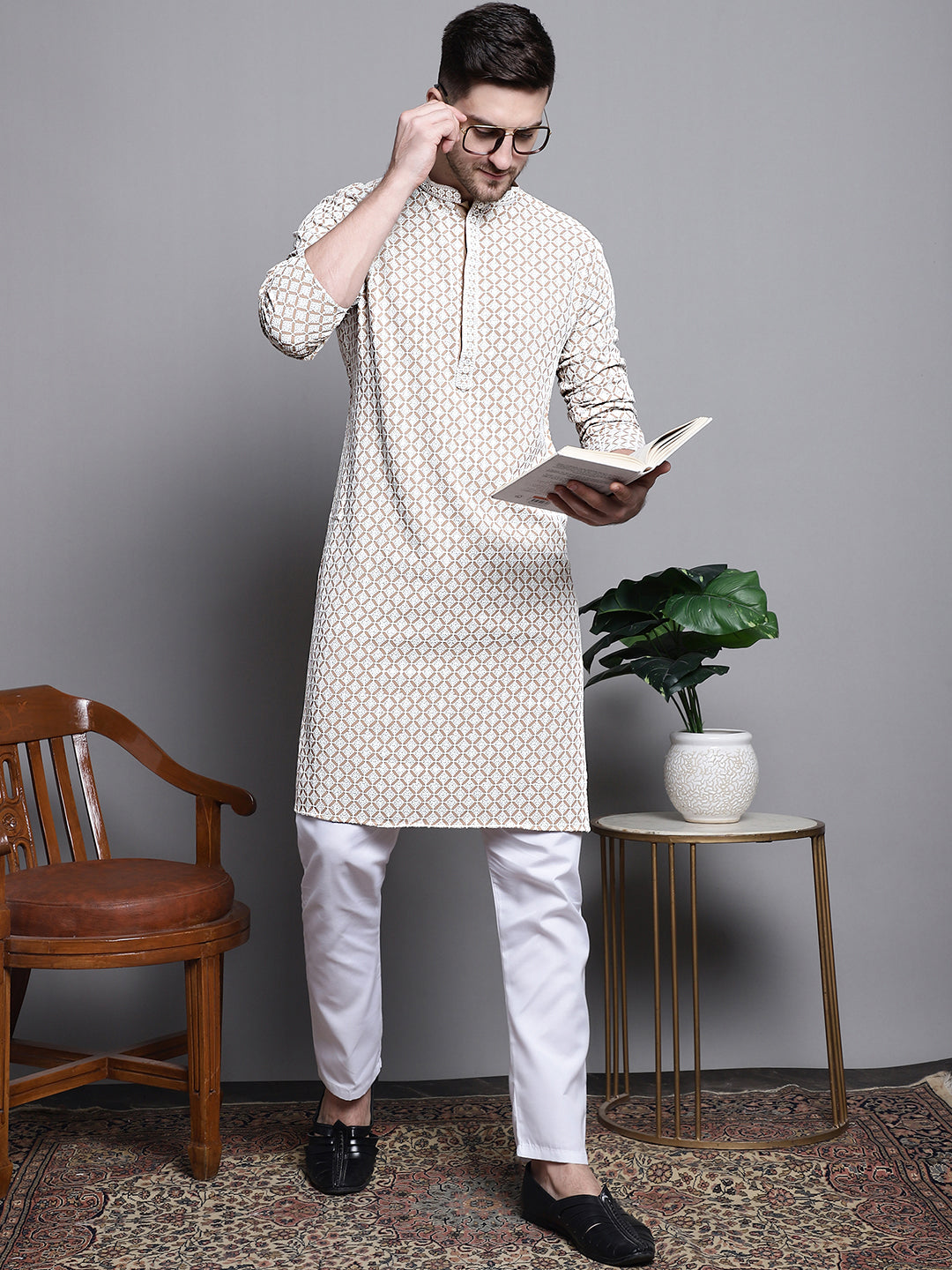 Jompers Men's Sequin Embroidered Pure Cotton Kurta with Pyjamas - Beige | Grocsy