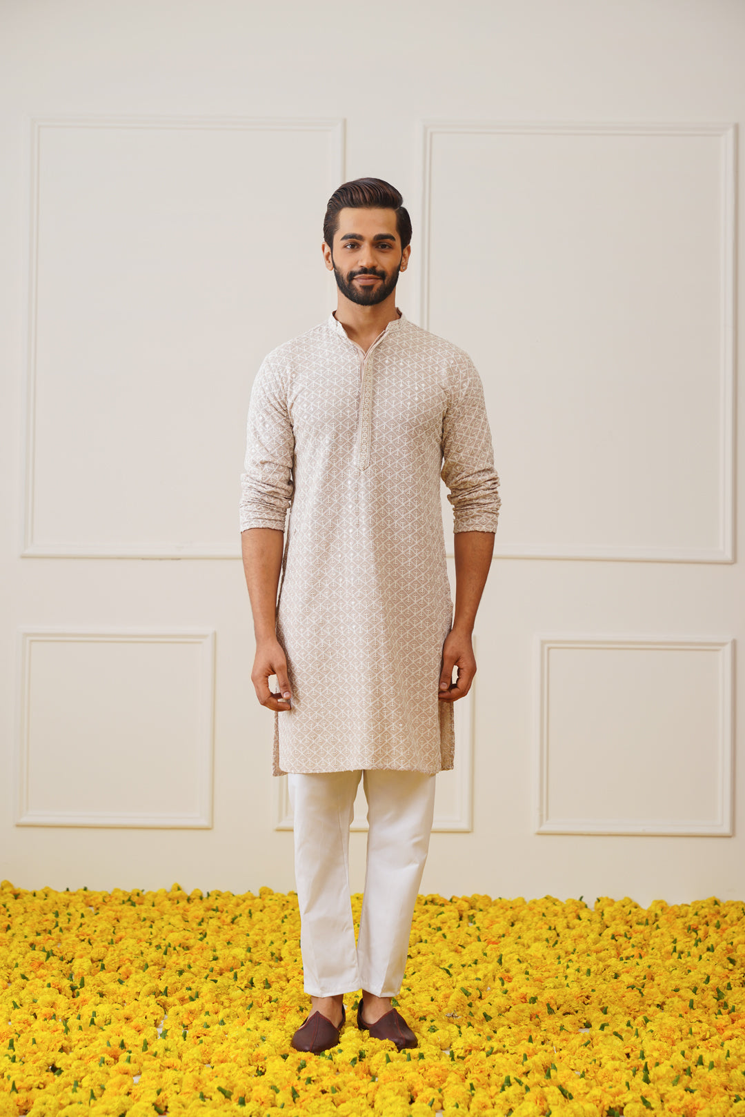 Jompers Men's Sequin Embroidered Pure Cotton Kurta - Beige | Grocsy