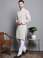 Jompers Men's Sequin Embroidered Pure Cotton Kurta with Pyjamas - Beige | Grocsy