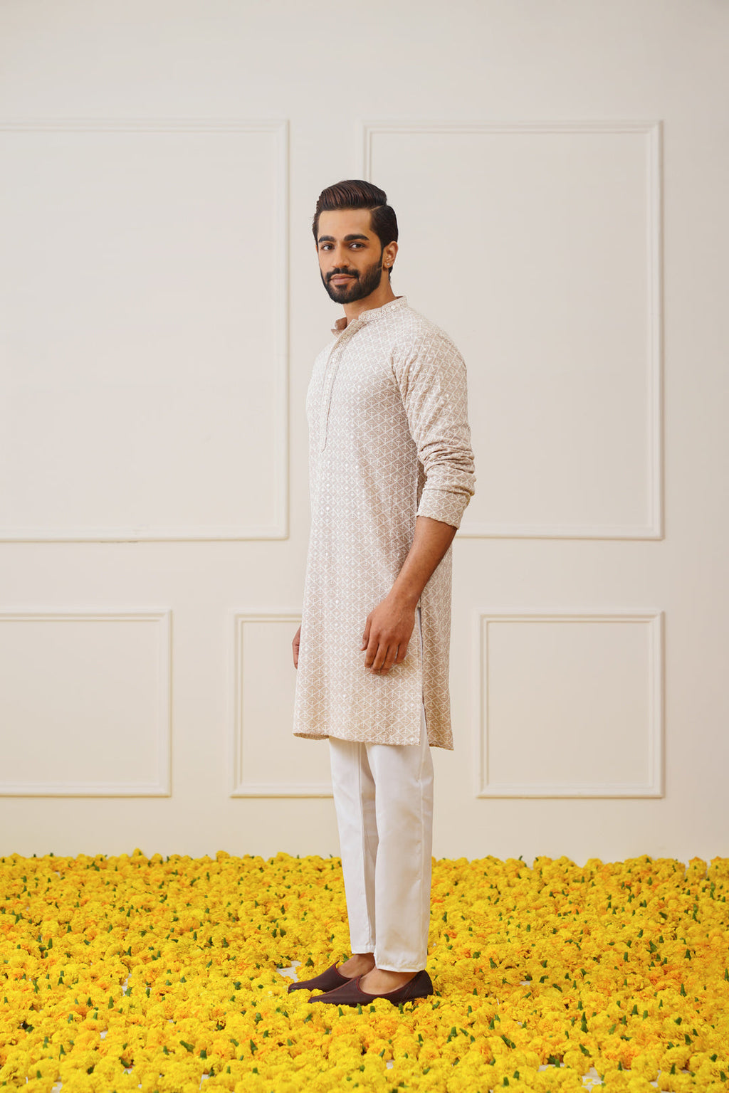Jompers Men's Sequin Embroidered Pure Cotton Kurta - Beige | Grocsy