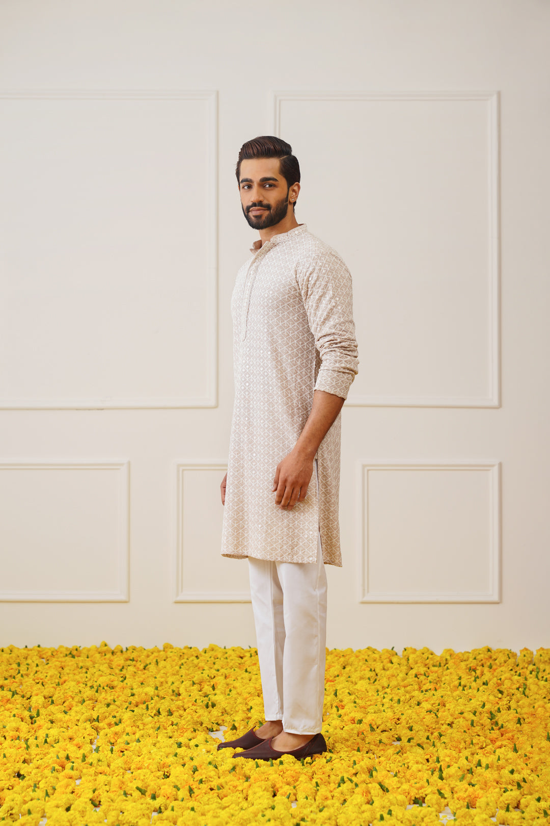 Jompers Men's Sequin Embroidered Pure Cotton Kurta - Beige | Grocsy