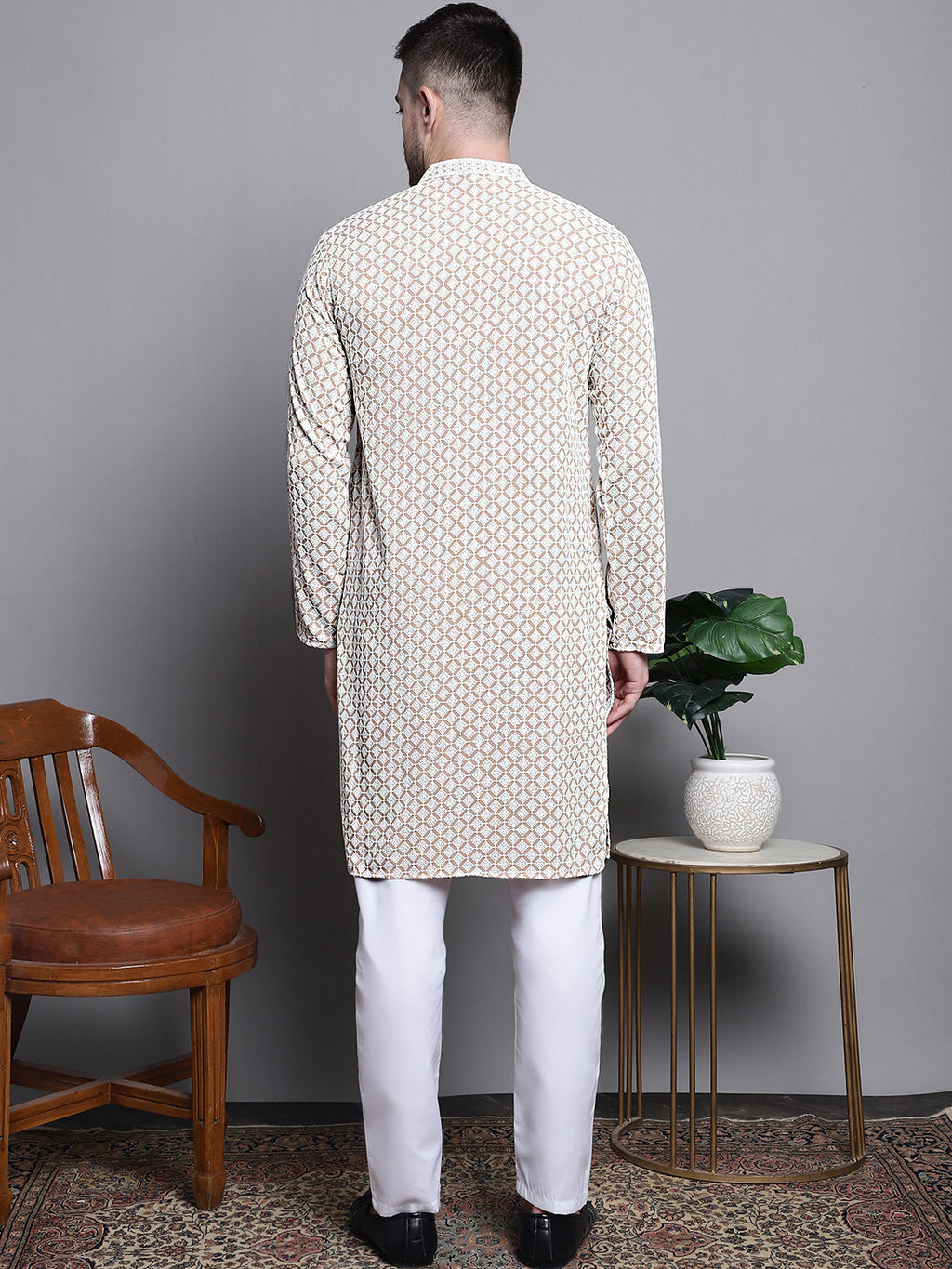 Jompers Men's Sequin Embroidered Pure Cotton Kurta with Pyjamas - Beige | Grocsy