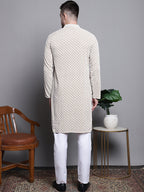 Jompers Men's Sequin Embroidered Pure Cotton Kurta with Pyjamas - Beige | Grocsy