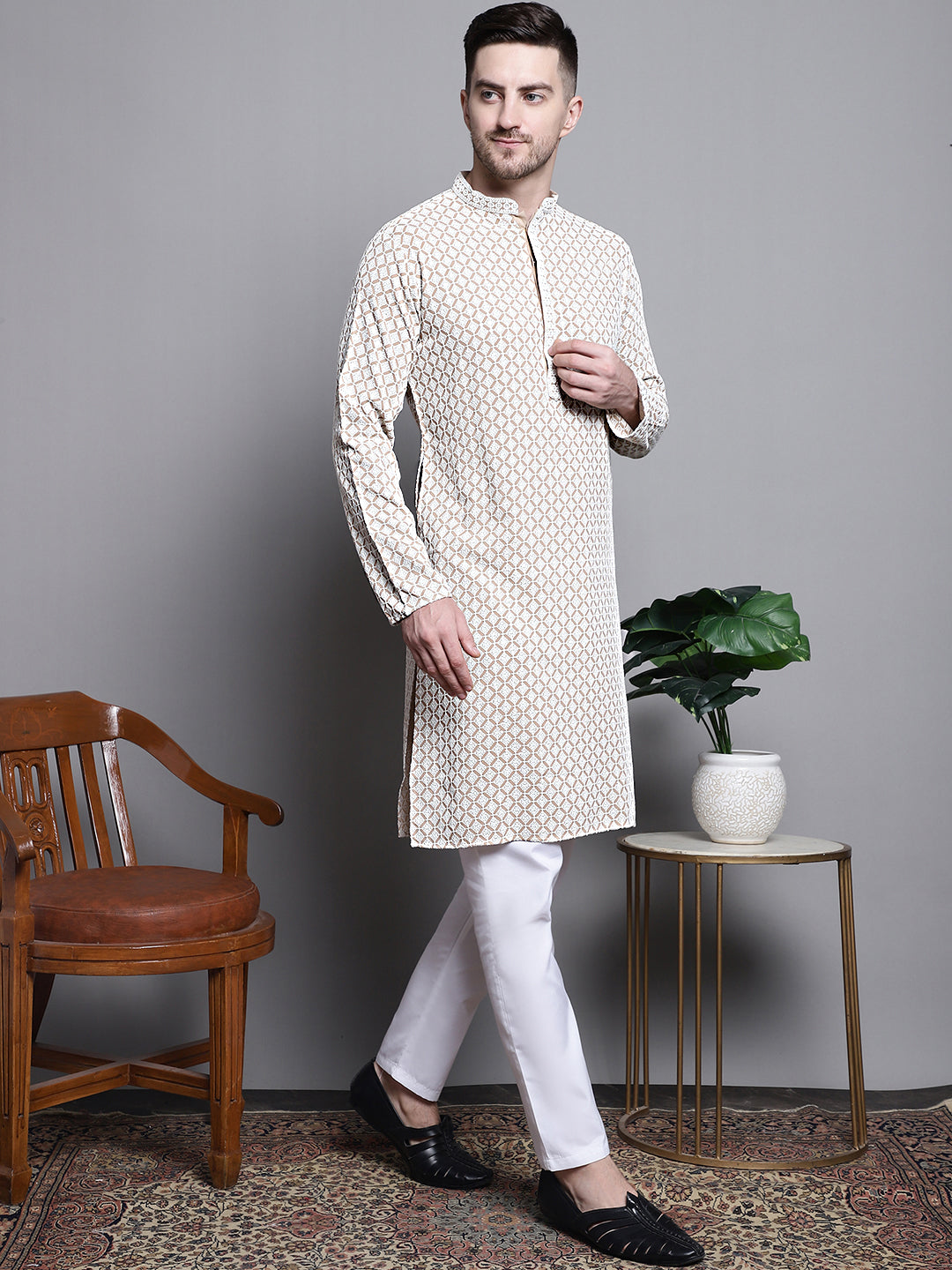 Jompers Men's Sequin Embroidered Pure Cotton Kurta with Pyjamas - Beige | Grocsy