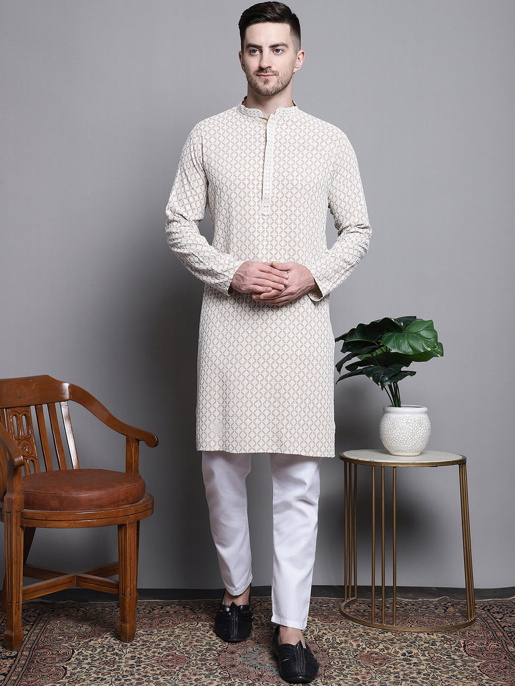 Jompers Men's Sequin Embroidered Pure Cotton Kurta with Pyjamas - Beige | Grocsy