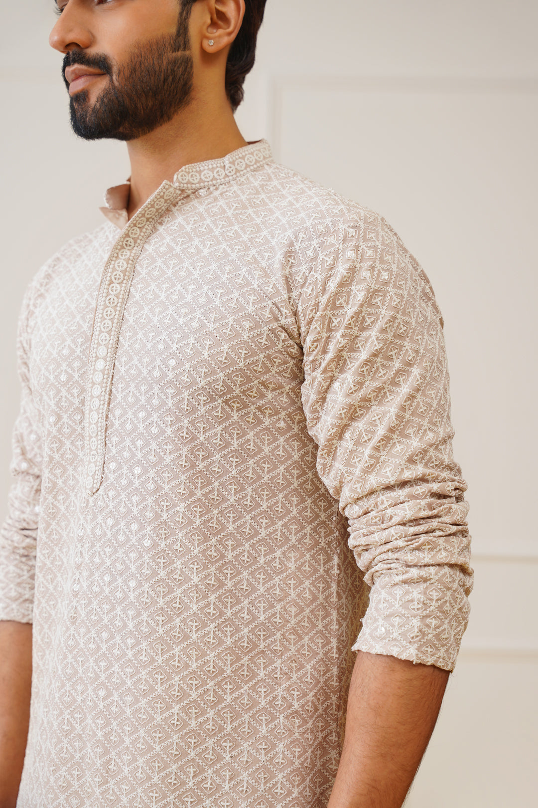 Jompers Men's Sequin Embroidered Pure Cotton Kurta - Beige | Grocsy