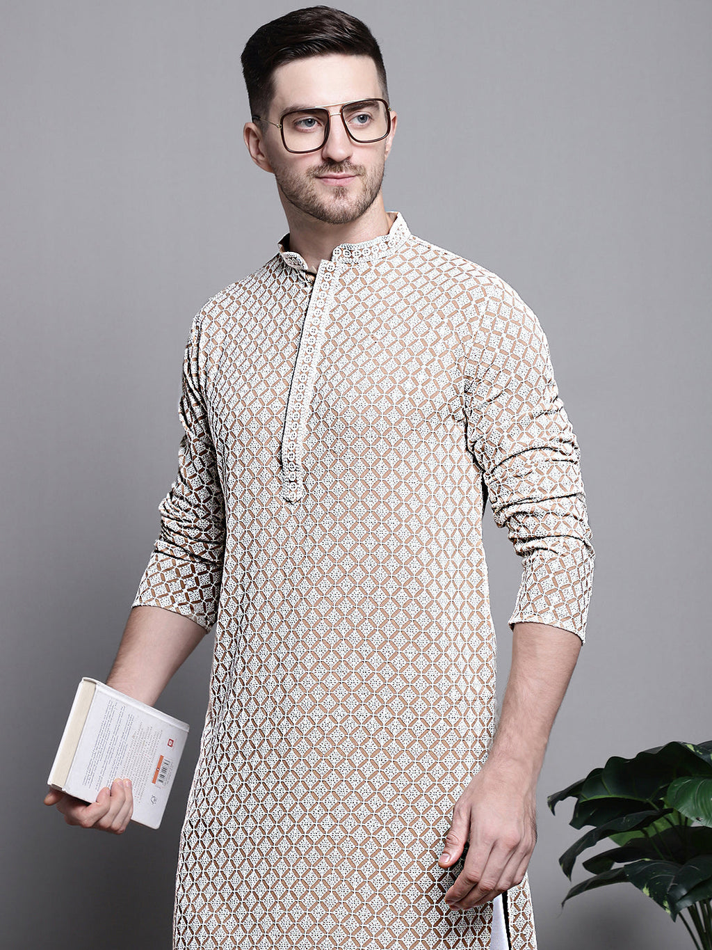 Jompers Men's Sequin Embroidered Pure Cotton Kurta with Pyjamas - Beige | Grocsy