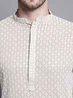 Jompers Men's Sequin Embroidered Pure Cotton Kurta with Pyjamas - Beige | Grocsy