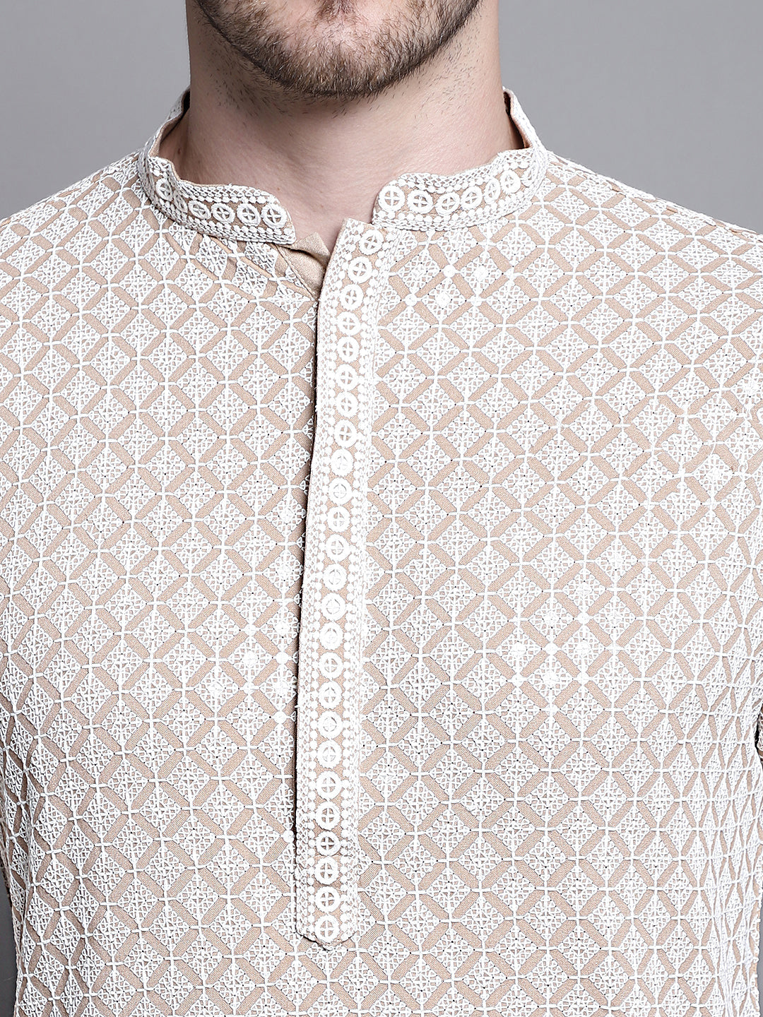 Jompers Men's Sequin Embroidered Pure Cotton Kurta with Pyjamas - Beige | Grocsy