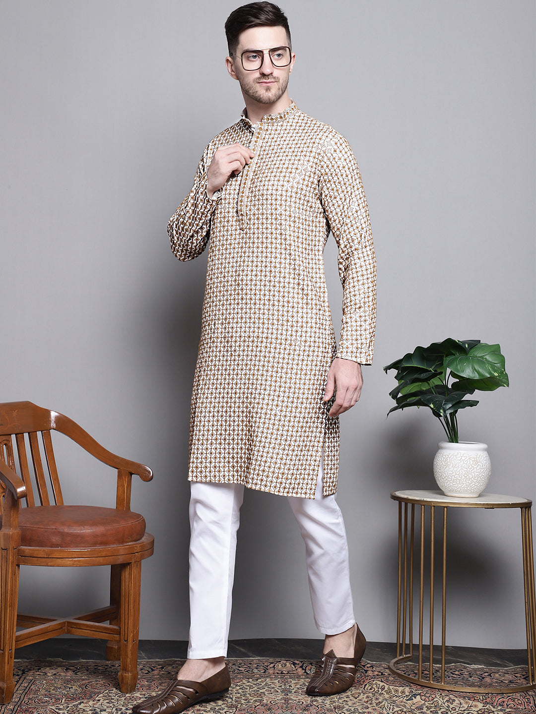 Jompers Men's Sequin Embroidered Pure Cotton Kurta with Pyjamas - Cream | Grocsy