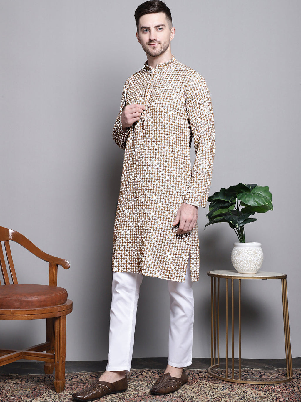 Jompers Men's Sequin Embroidered Pure Cotton Kurta with Pyjamas - Cream | Grocsy