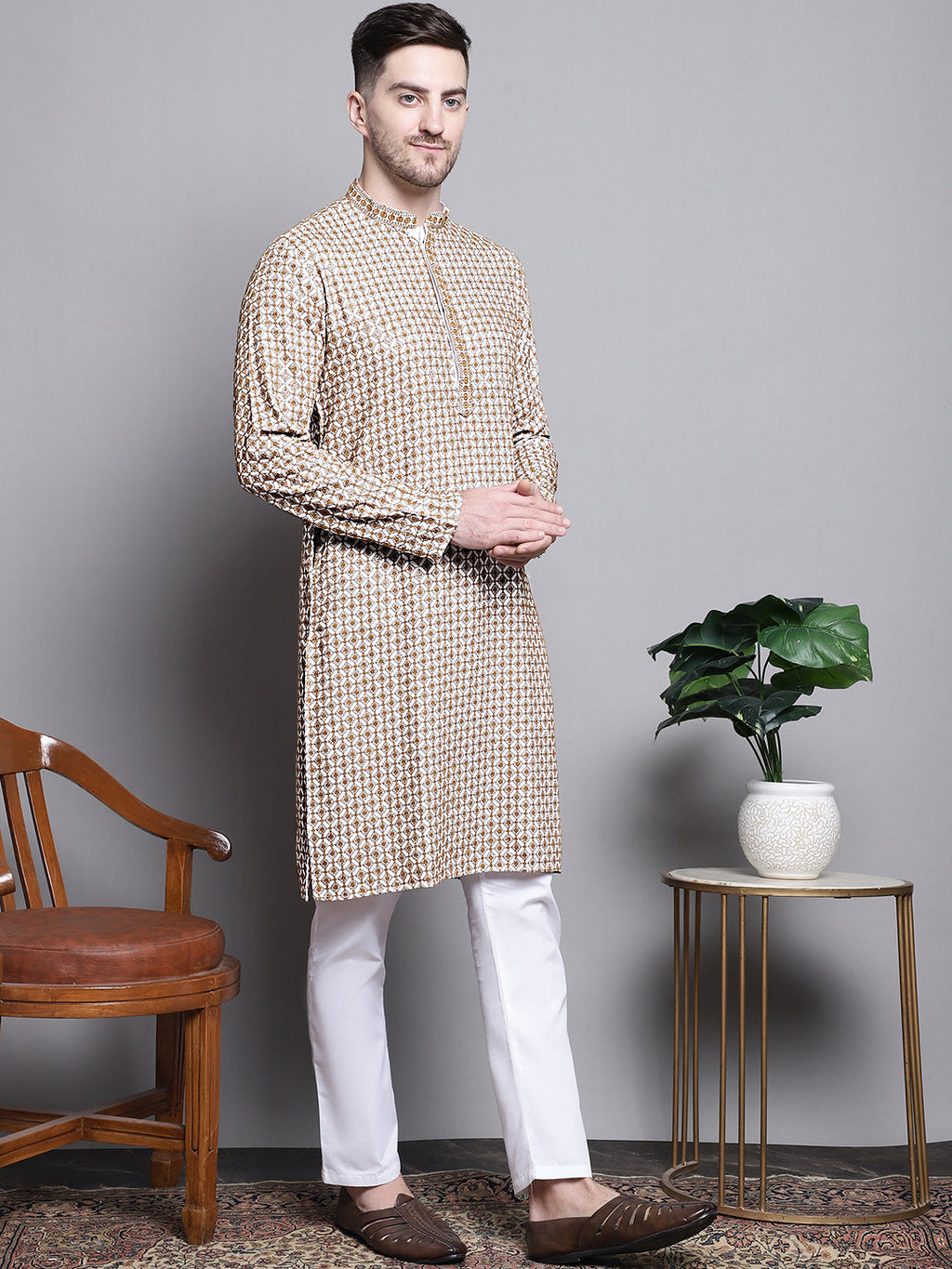 Jompers Men's Sequin Embroidered Pure Cotton Kurta with Pyjamas - Cream | Grocsy