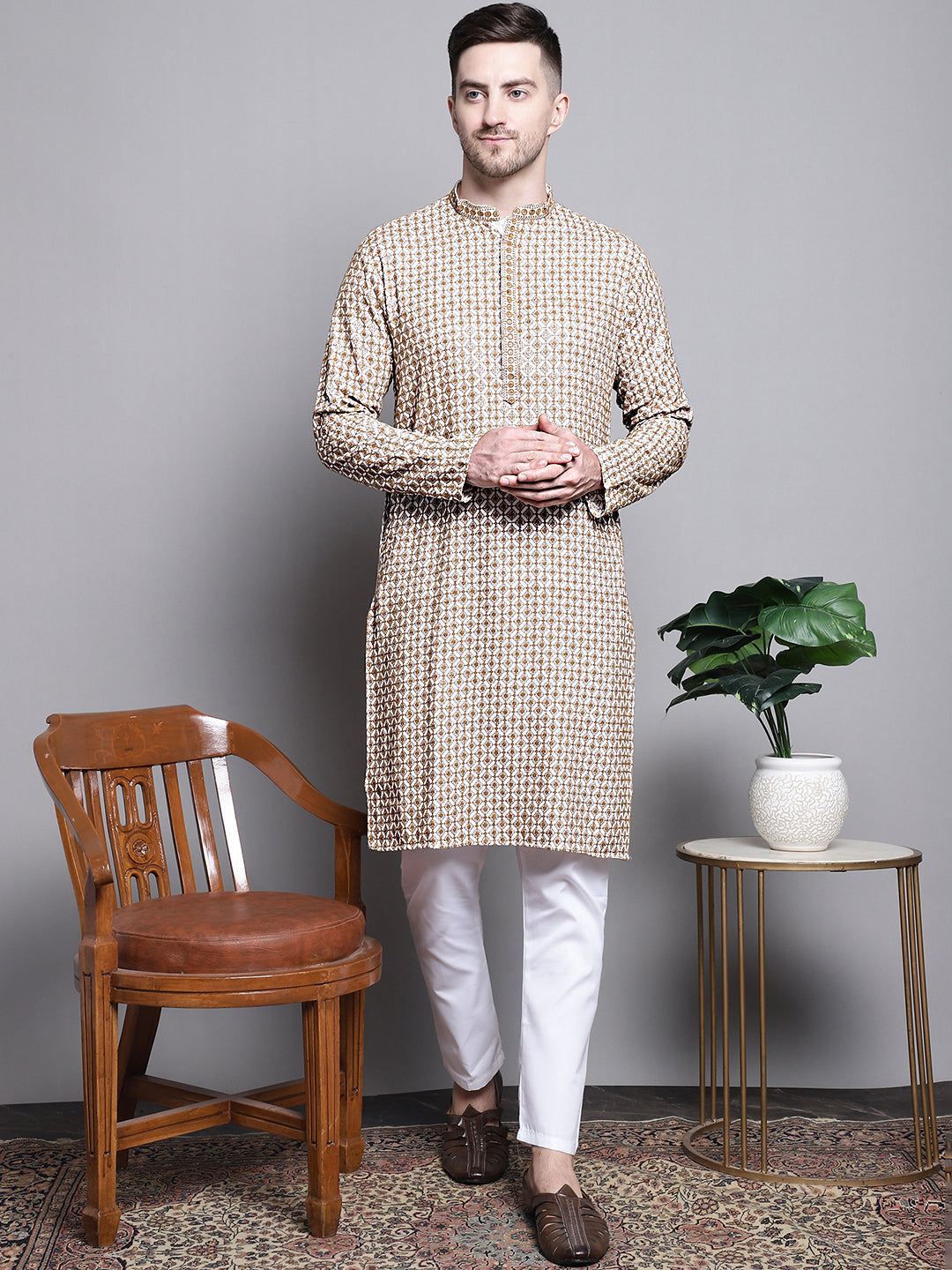 Jompers Men's Sequin Embroidered Pure Cotton Kurta with Pyjamas - Cream | Grocsy