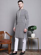 Jompers Men's Sequin Embroidered Pure Cotton Kurta with Pyjamas - Navy Blue | Grocsy