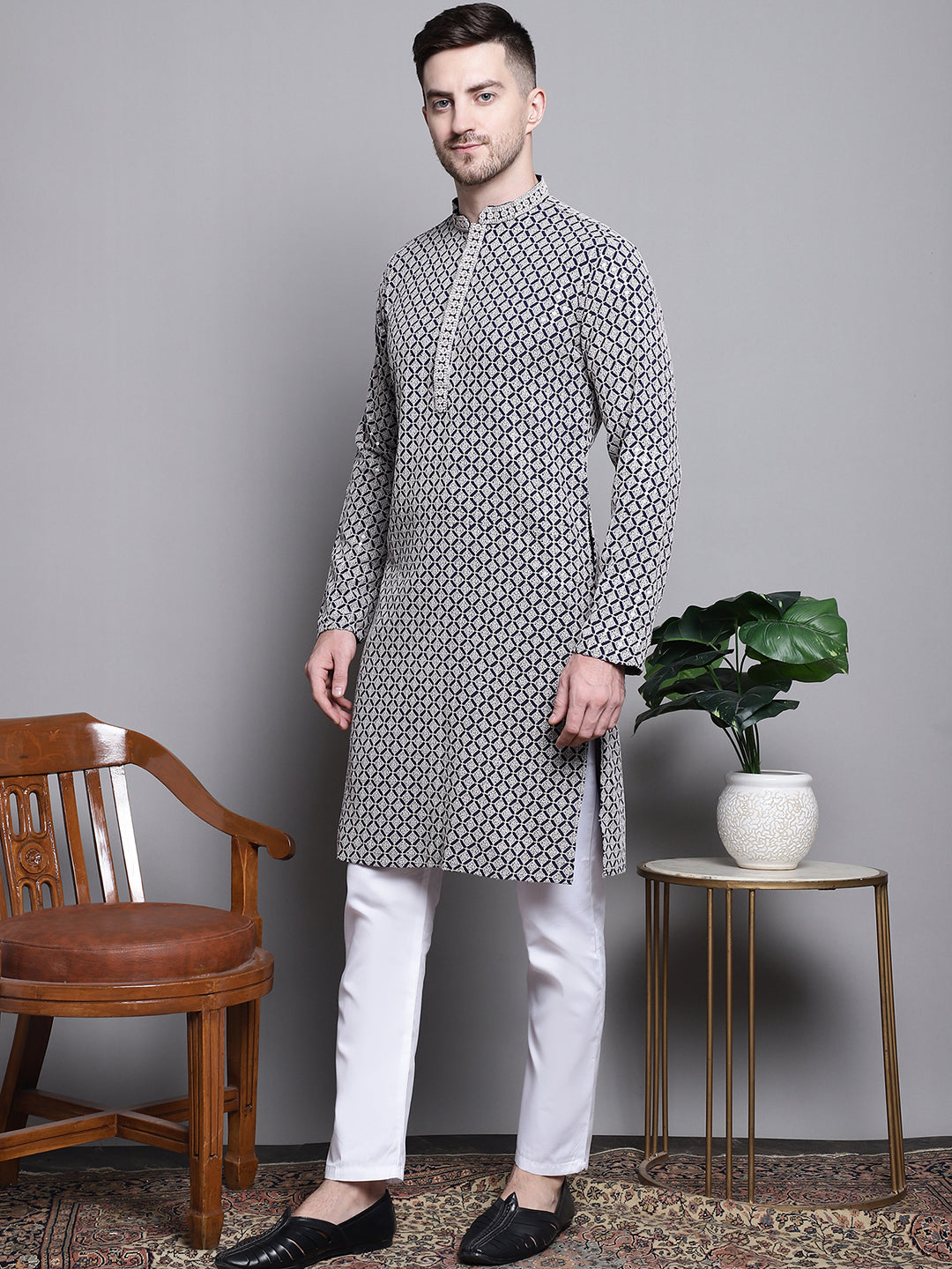 Jompers Men's Sequin Embroidered Pure Cotton Kurta with Pyjamas - Navy Blue | Grocsy