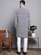 Jompers Men's Sequin Embroidered Pure Cotton Kurta with Pyjamas - Navy Blue | Grocsy
