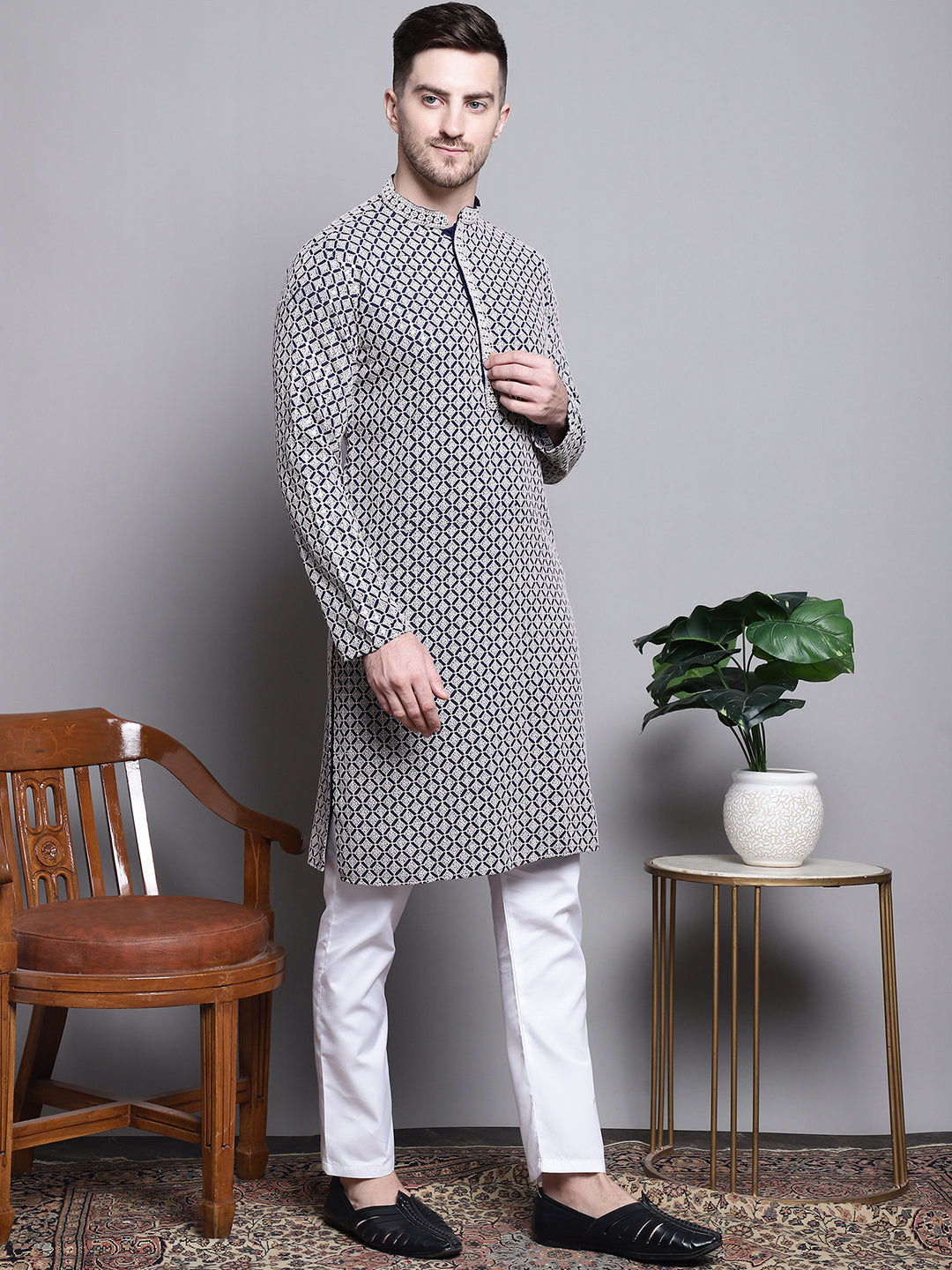 Jompers Men's Sequin Embroidered Pure Cotton Kurta with Pyjamas - Navy Blue | Grocsy