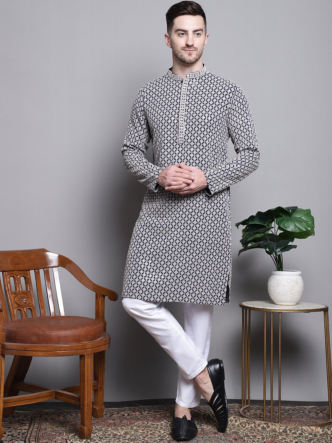 Jompers Men's Sequin Embroidered Pure Cotton Kurta with Pyjamas - Navy Blue | Grocsy