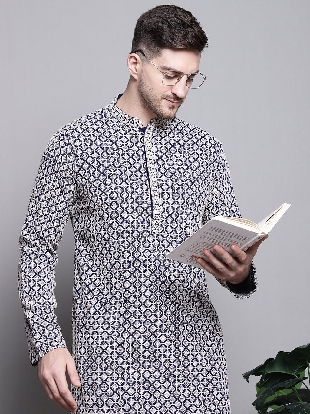 Jompers Men's Sequin Embroidered Pure Cotton Kurta with Pyjamas - Navy Blue | Grocsy