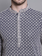 Jompers Men's Sequin Embroidered Pure Cotton Kurta with Pyjamas - Navy Blue | Grocsy