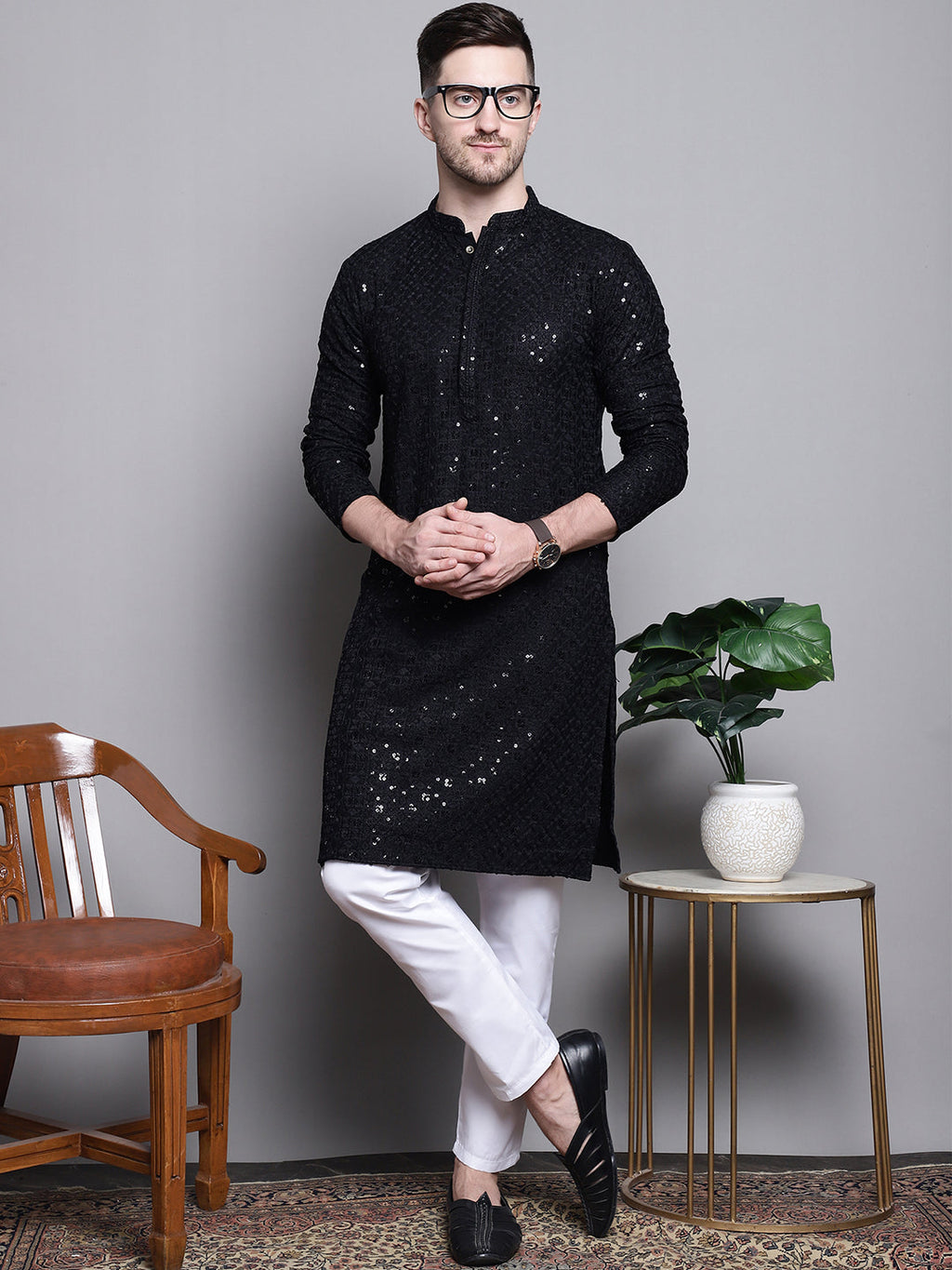 Jompers Men's Sequin Embroidered Pure Cotton Kurta with Pyjamas - Black | Grocsy
