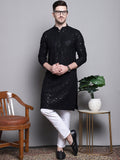 Jompers Men's Sequin Embroidered Pure Cotton Kurta with Pyjamas - Black | Grocsy