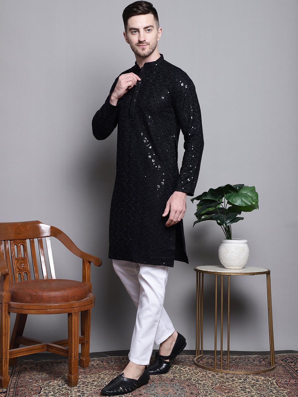 Jompers Men's Sequin Embroidered Pure Cotton Kurta with Pyjamas - Black | Grocsy