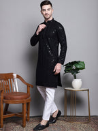 Jompers Men's Sequin Embroidered Pure Cotton Kurta with Pyjamas - Black | Grocsy