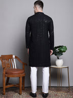 Jompers Men's Sequin Embroidered Pure Cotton Kurta with Pyjamas - Black | Grocsy