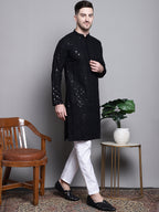 Jompers Men's Sequin Embroidered Pure Cotton Kurta with Pyjamas - Black | Grocsy