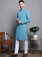 Jompers Men's Sequin Embroidered Pure Cotton Kurta with Pyjamas - Blue | Grocsy