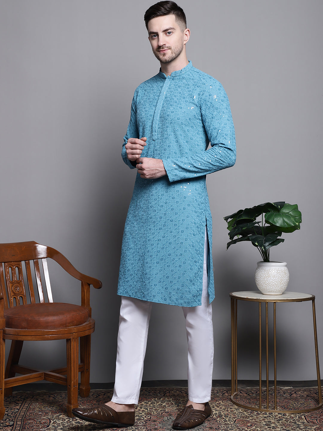Jompers Men's Sequin Embroidered Pure Cotton Kurta with Pyjamas - Blue | Grocsy