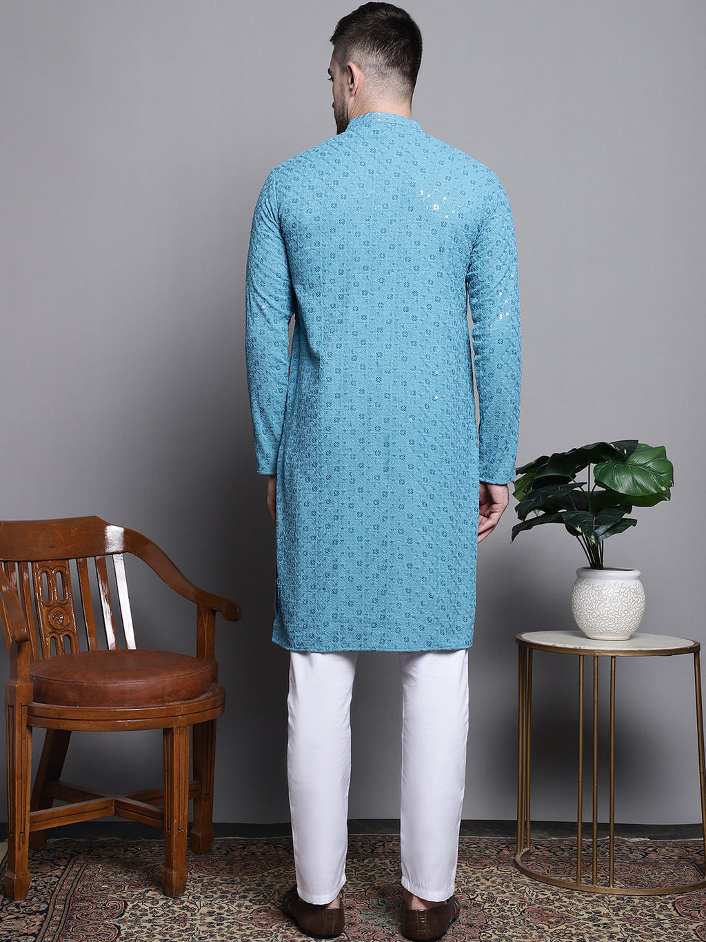 Jompers Men's Sequin Embroidered Pure Cotton Kurta with Pyjamas - Blue | Grocsy