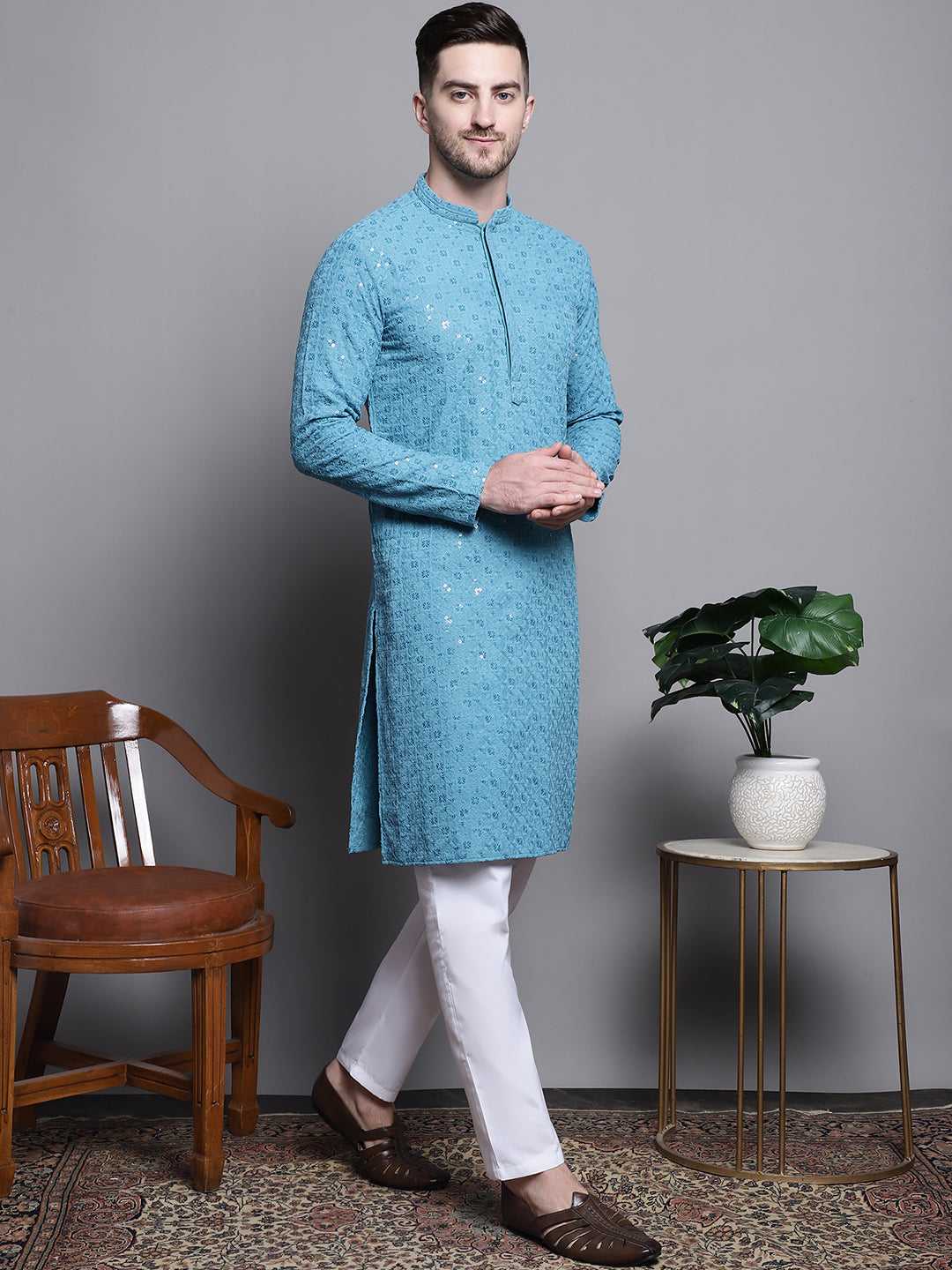 Jompers Men's Sequin Embroidered Pure Cotton Kurta with Pyjamas - Blue | Grocsy