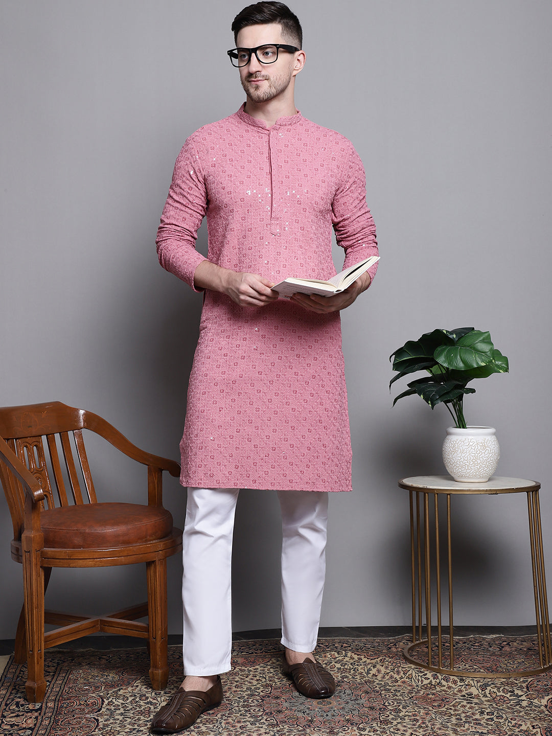 Jompers Men's Sequin Embroidered Pure Cotton Kurta with Pyjamas - Coral | Grocsy