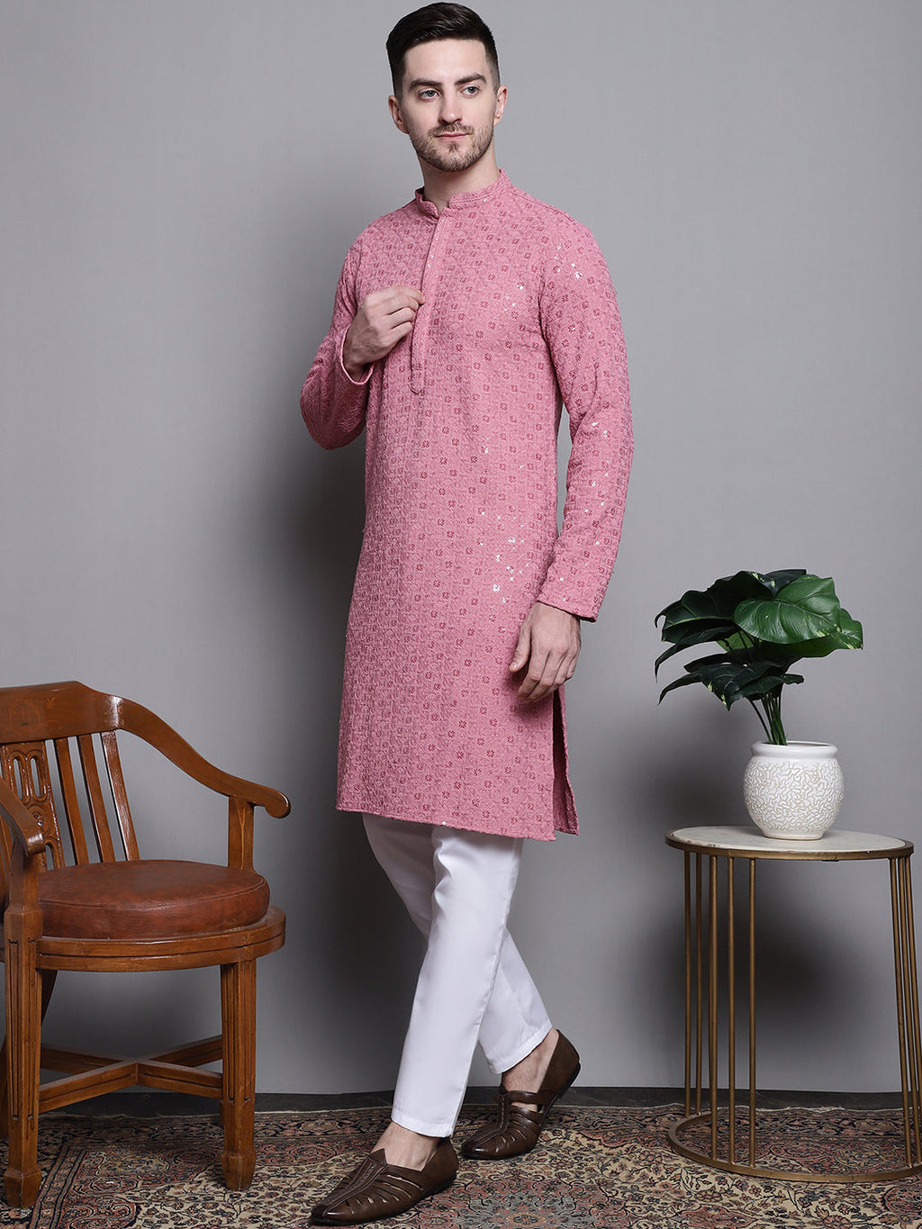 Jompers Men's Sequin Embroidered Pure Cotton Kurta with Pyjamas - Coral | Grocsy