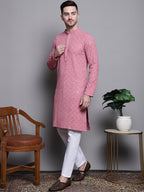 Jompers Men's Sequin Embroidered Pure Cotton Kurta with Pyjamas - Coral | Grocsy