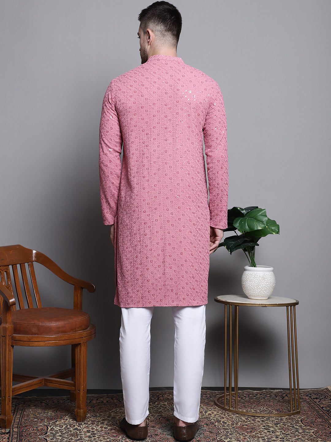 Jompers Men's Sequin Embroidered Pure Cotton Kurta with Pyjamas - Coral | Grocsy