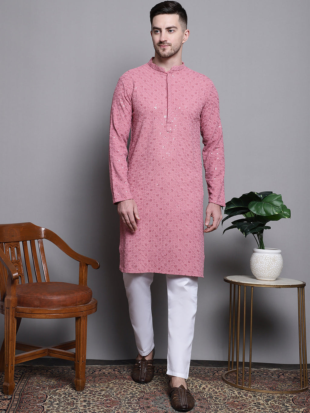 Jompers Men's Sequin Embroidered Pure Cotton Kurta with Pyjamas - Coral | Grocsy