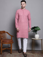 Jompers Men's Sequin Embroidered Pure Cotton Kurta with Pyjamas - Coral | Grocsy