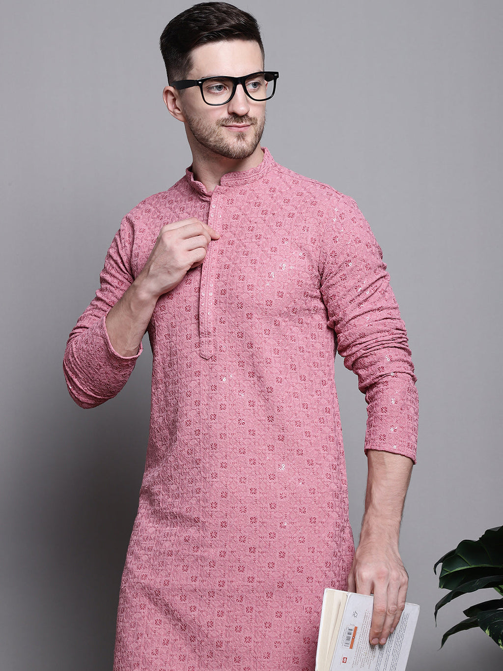 Jompers Men's Sequin Embroidered Pure Cotton Kurta with Pyjamas - Coral | Grocsy