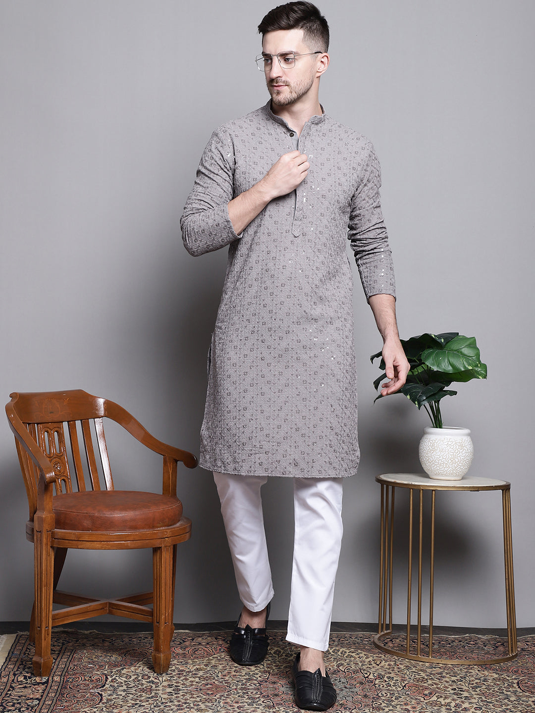 Jompers Men's Sequin Embroidered Pure Cotton Kurta with Pyjamas - Grey | Grocsy