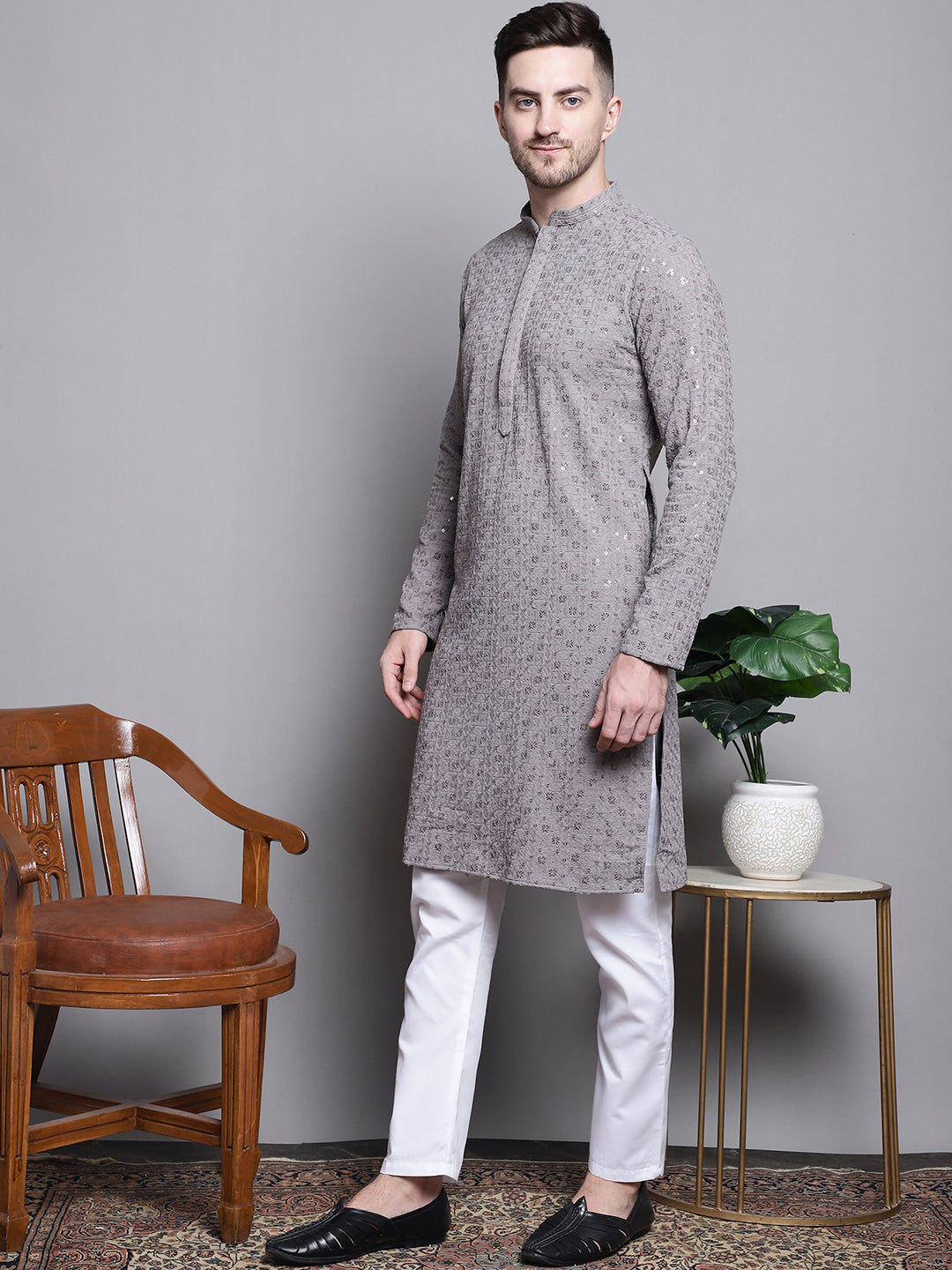Jompers Men's Sequin Embroidered Pure Cotton Kurta with Pyjamas - Grey | Grocsy