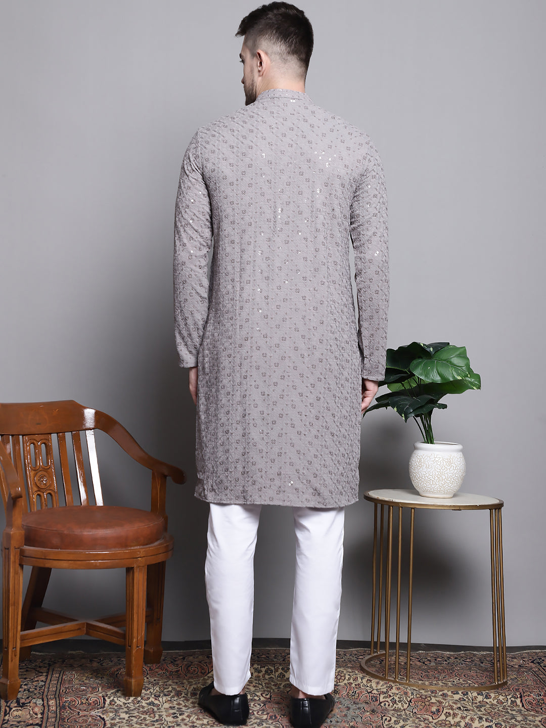 Jompers Men's Sequin Embroidered Pure Cotton Kurta with Pyjamas - Grey | Grocsy